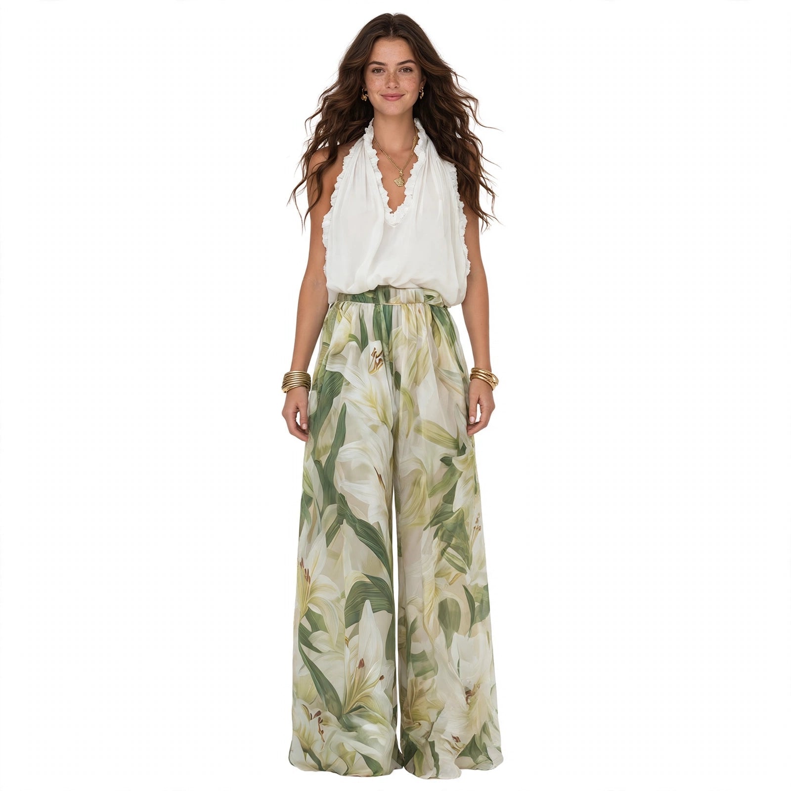 Delta Vercroft | White Halter Top Lily Print Pants Set For Women