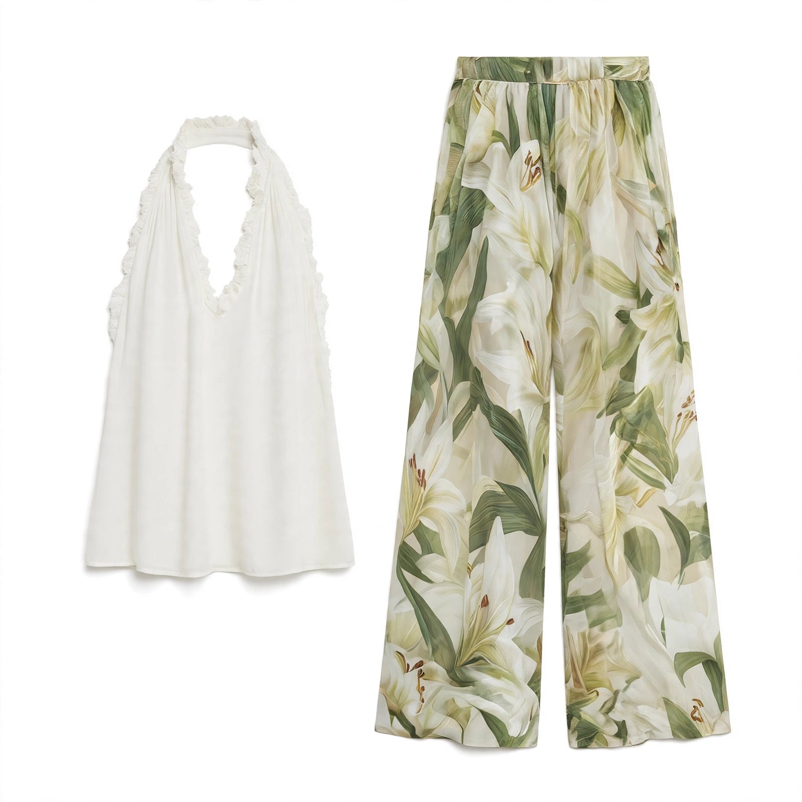 Delta Vercroft | White Halter Top Lily Print Pants Set For Women