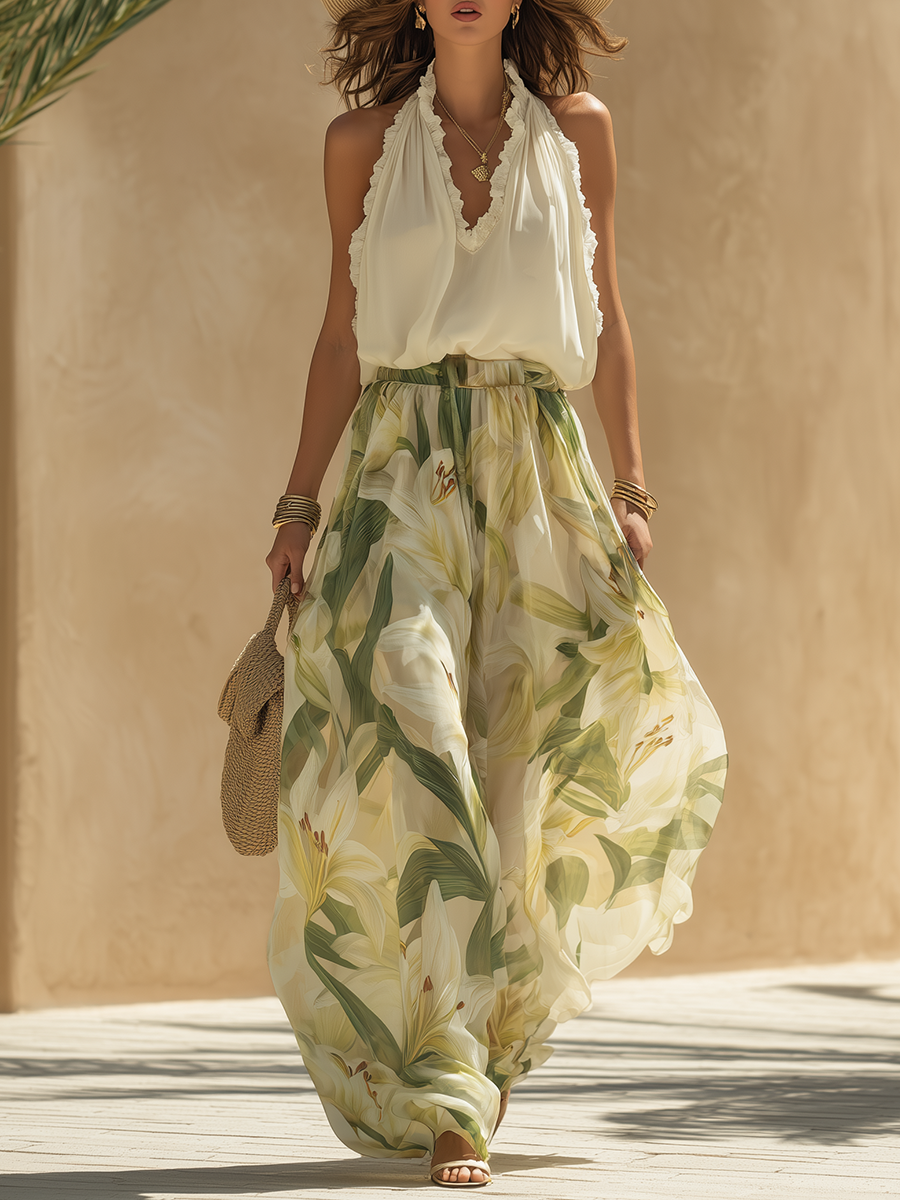 Delta Vercroft | White Halter Top Lily Print Pants Set For Women