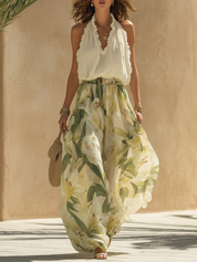 Delta Vercroft | White Halter Top Lily Print Pants Set For Women
