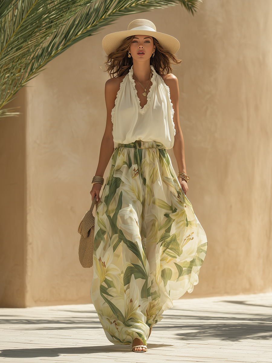Delta Vercroft | White Halter Top Lily Print Pants Set For Women