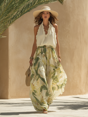 Delta Vercroft | White Halter Top Lily Print Pants Set For Women