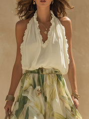 Delta Vercroft | White Halter Top Lily Print Pants Set For Women