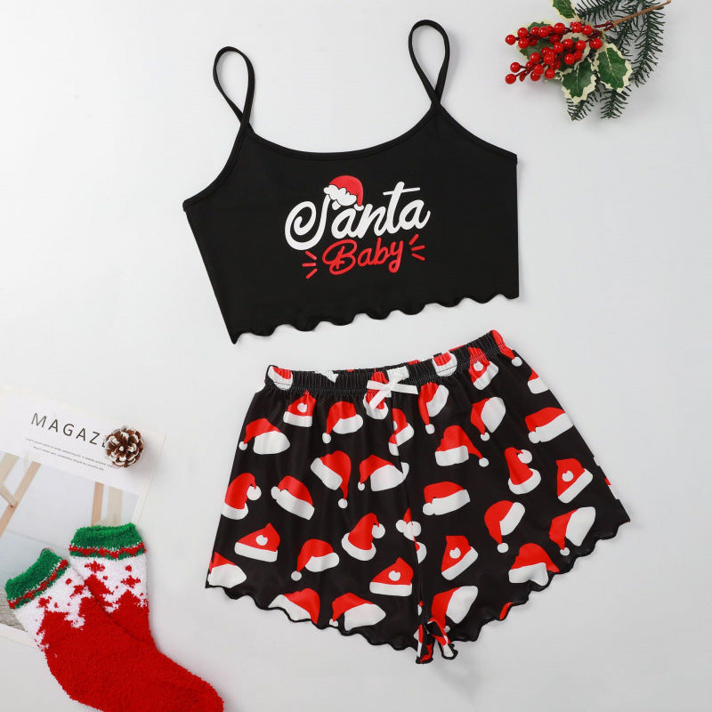 Mistletoe Kiss | Black Santa Hat Print Christmas Pyjamas For Women