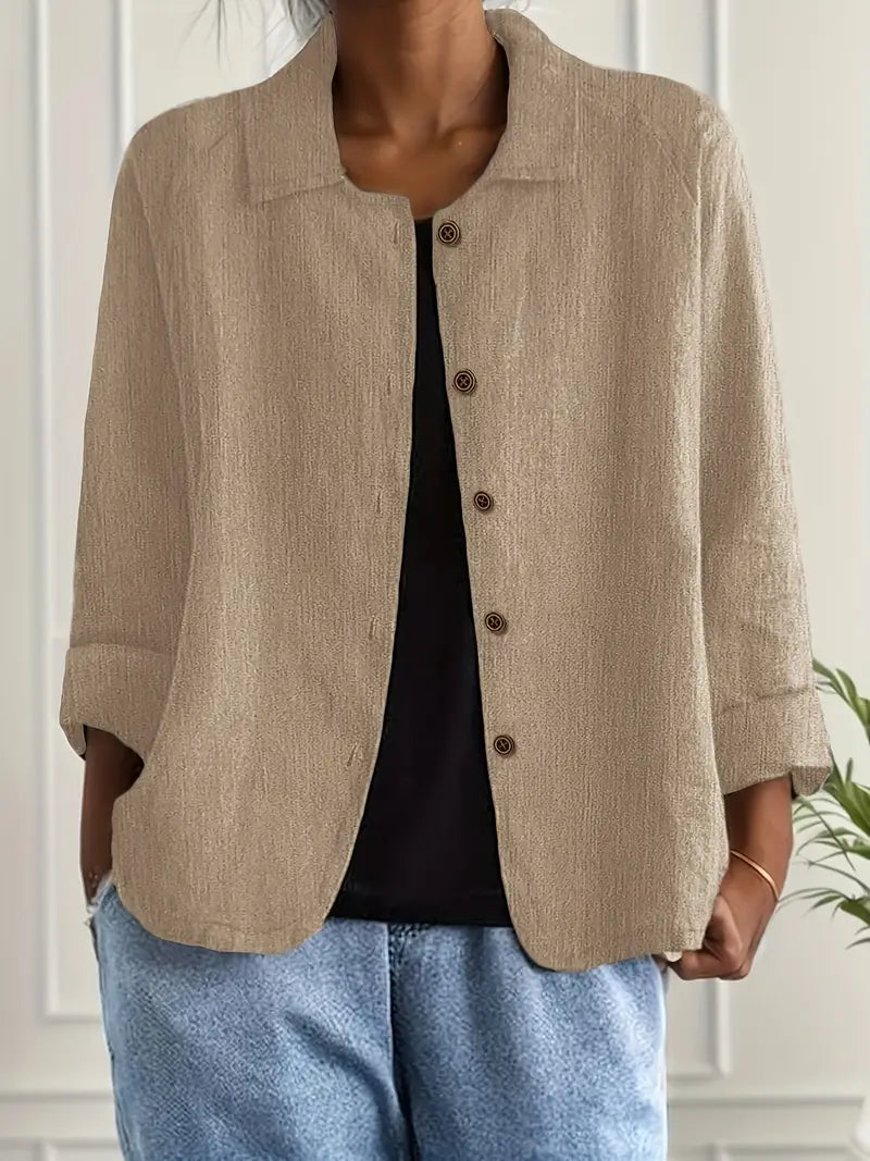 Amélie Rousseau | Sky Breeze Button Linen Jacket with Relaxed Elegance For Women