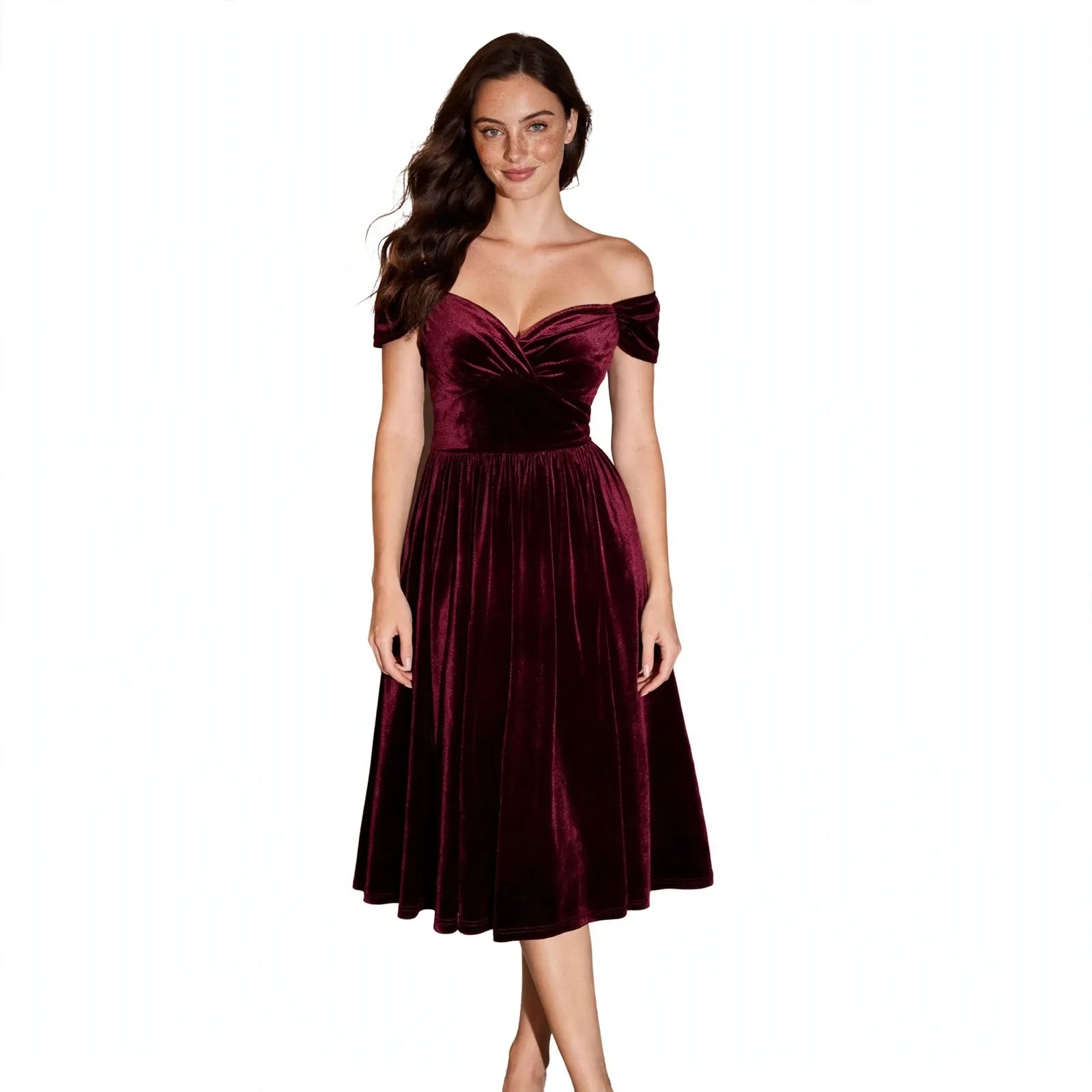 Greer Elmham | Wine Red Velvet Off Shoulder Cocktail Dress For Women