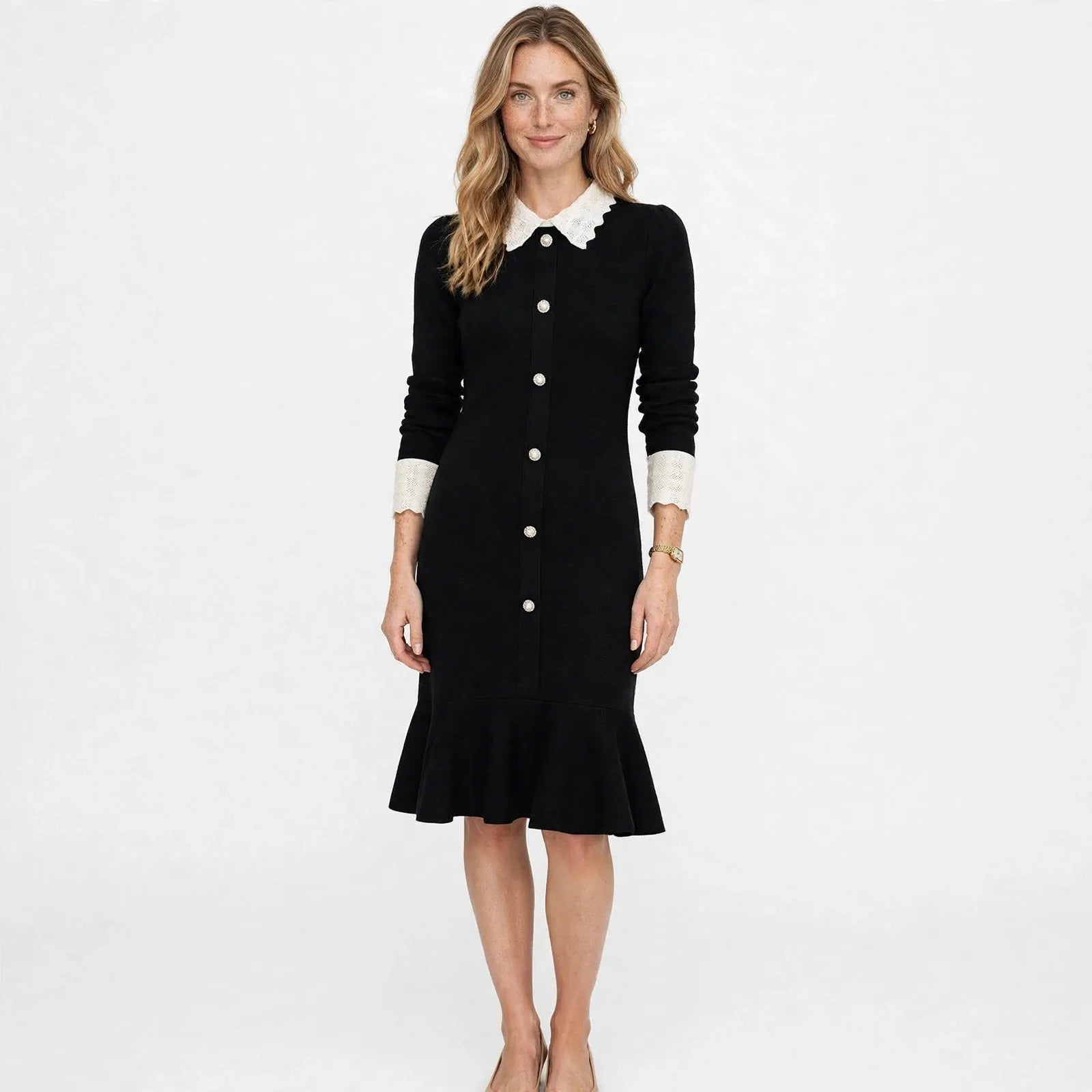 Xanthe Holford | Black Tweed Knit Collar Midi Dress For Women