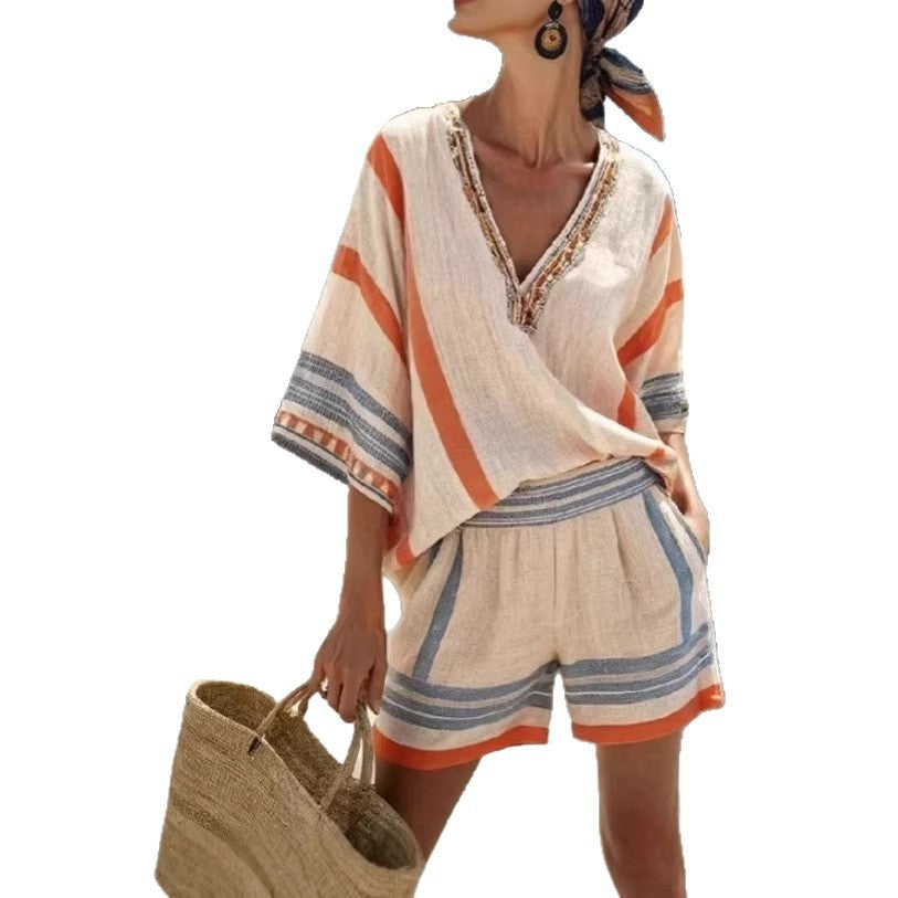 Isla Rafferty | Linen Striped V-Neck Top & Shorts Set For Women