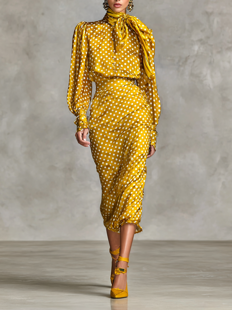 Nina Harlow | Vintage Polka Dot Satin Shirt & Skirt Set For Women