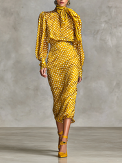 Nina Harlow | Vintage Polka Dot Satin Shirt & Skirt Set For Women