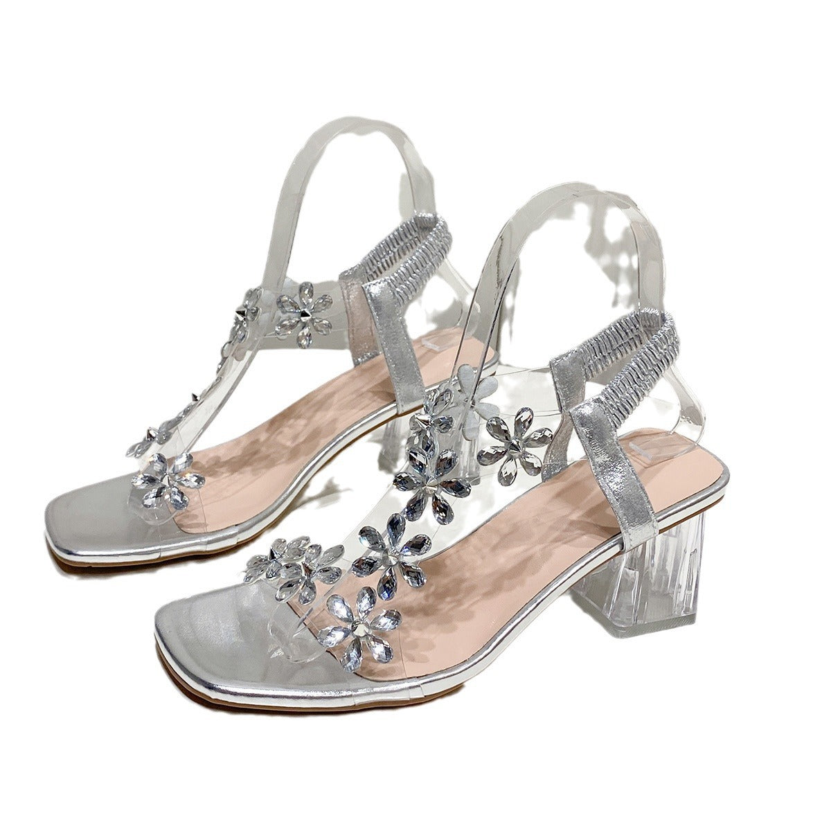 Simona Thornshaw | Flower Clear Block Heel Sandals For Women