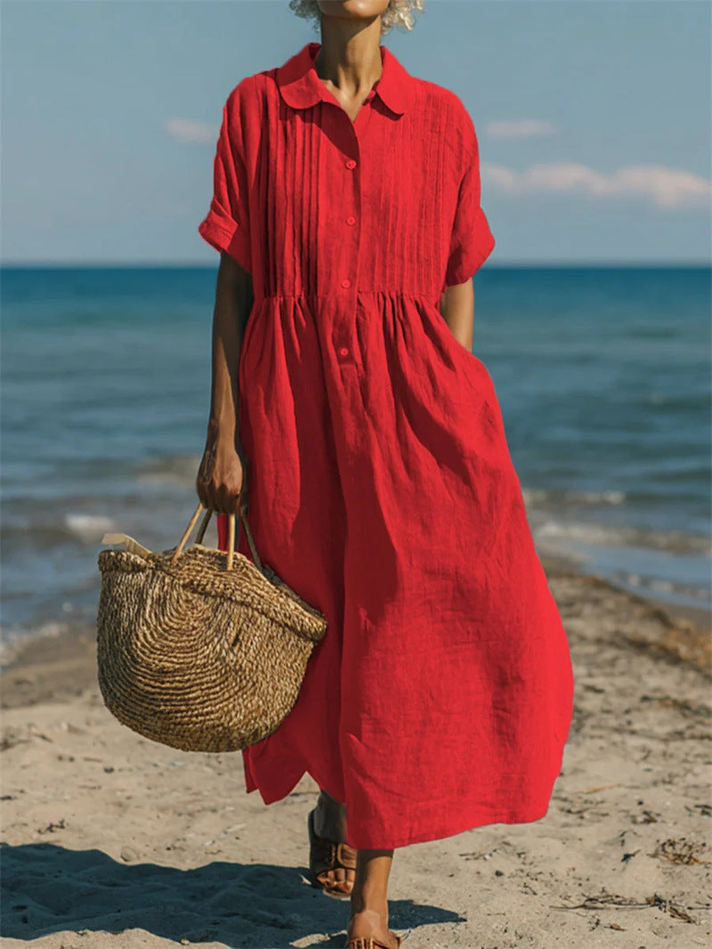 Ilaria Everwell | Button Front Pleated Summer Shirt Dress For Women