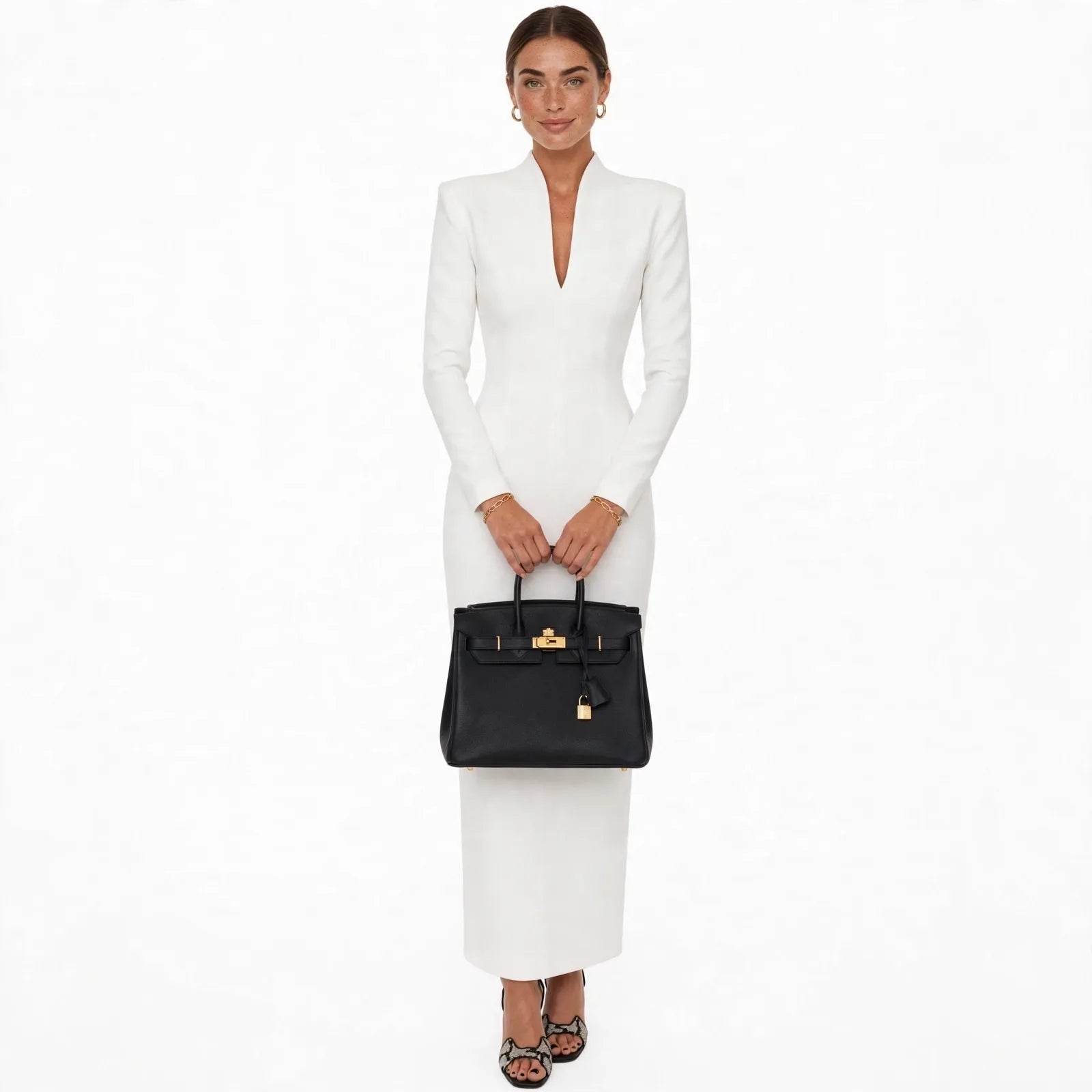 Gwendolen Whitwood | White Stand Collar Bodycon Midi Dress For Women