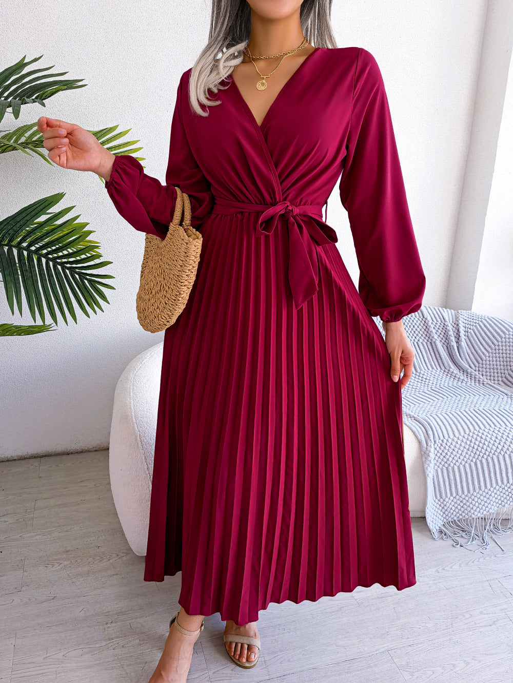 Manuela Salbrook | Wrap V-Neck Pleated Chiffon Maxi Dress For Women