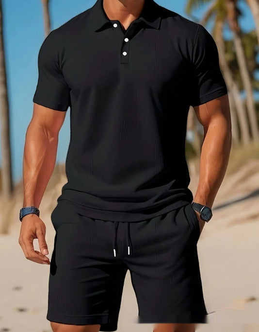 Adriano Pellgate | Waffle Knit Polo Shirt & Shorts Set For Men