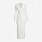 Gwendolen Whitwood | White Stand Collar Bodycon Midi Dress For Women