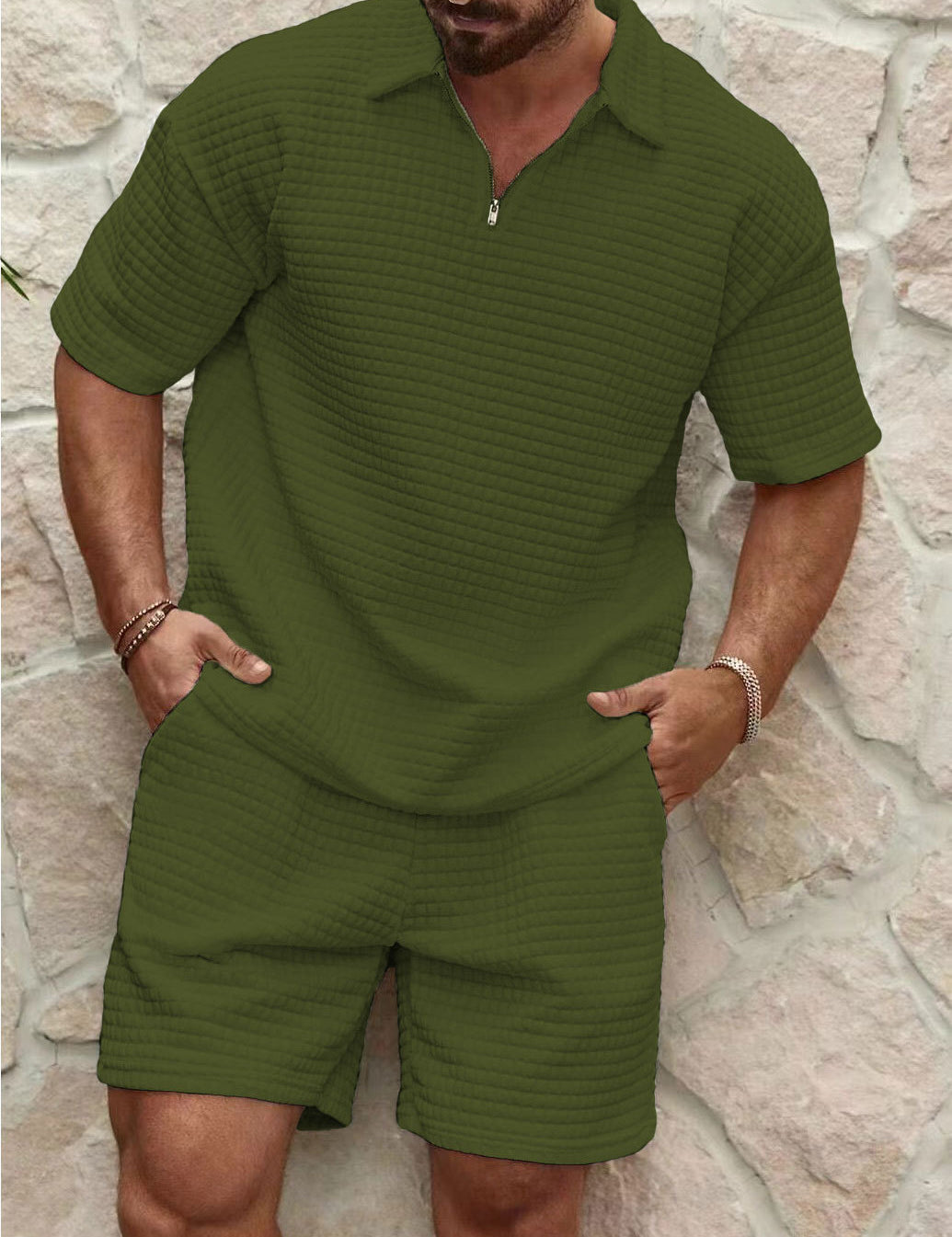Elliot Bramwell | Textured Zip Polo & Shorts Set For Men