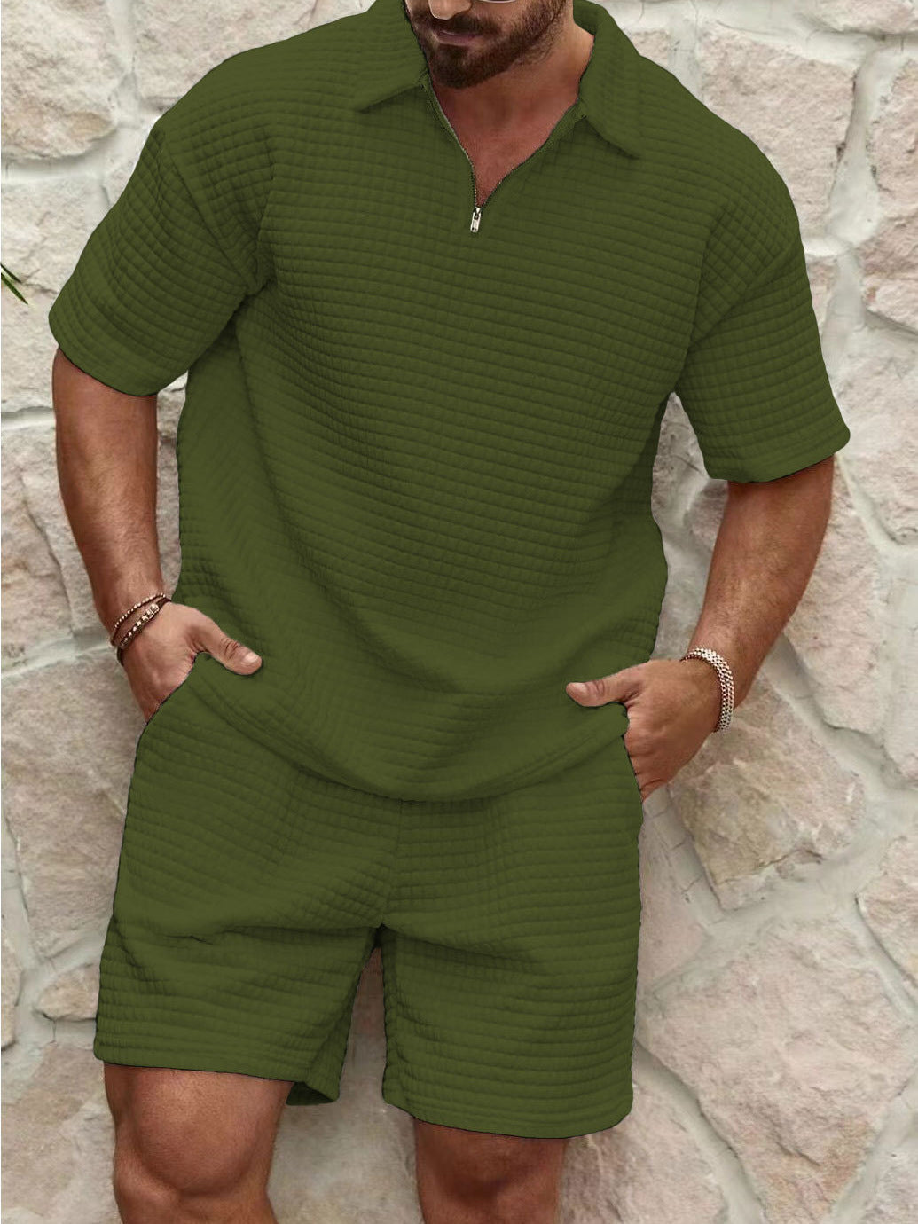 Elliot Bramwell | Textured Zip Polo & Shorts Set For Men