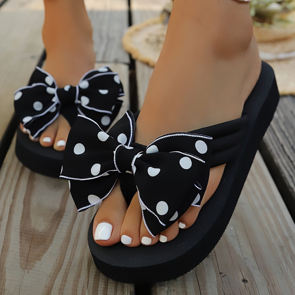 Matilda Sheridan | Polka Dot Wedge Flip-Flops With Bow Detail