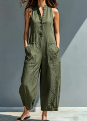 Fabiola Oakham | Linen-Look Stand Collar Jumpsuit For Women