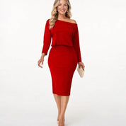 Evelina Bramstone | Red Off Shoulder Ruched Midi Dress For Women
