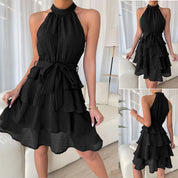 Enid Faldale | Rust Halter Tiered Ruffle Mini Dress For Women