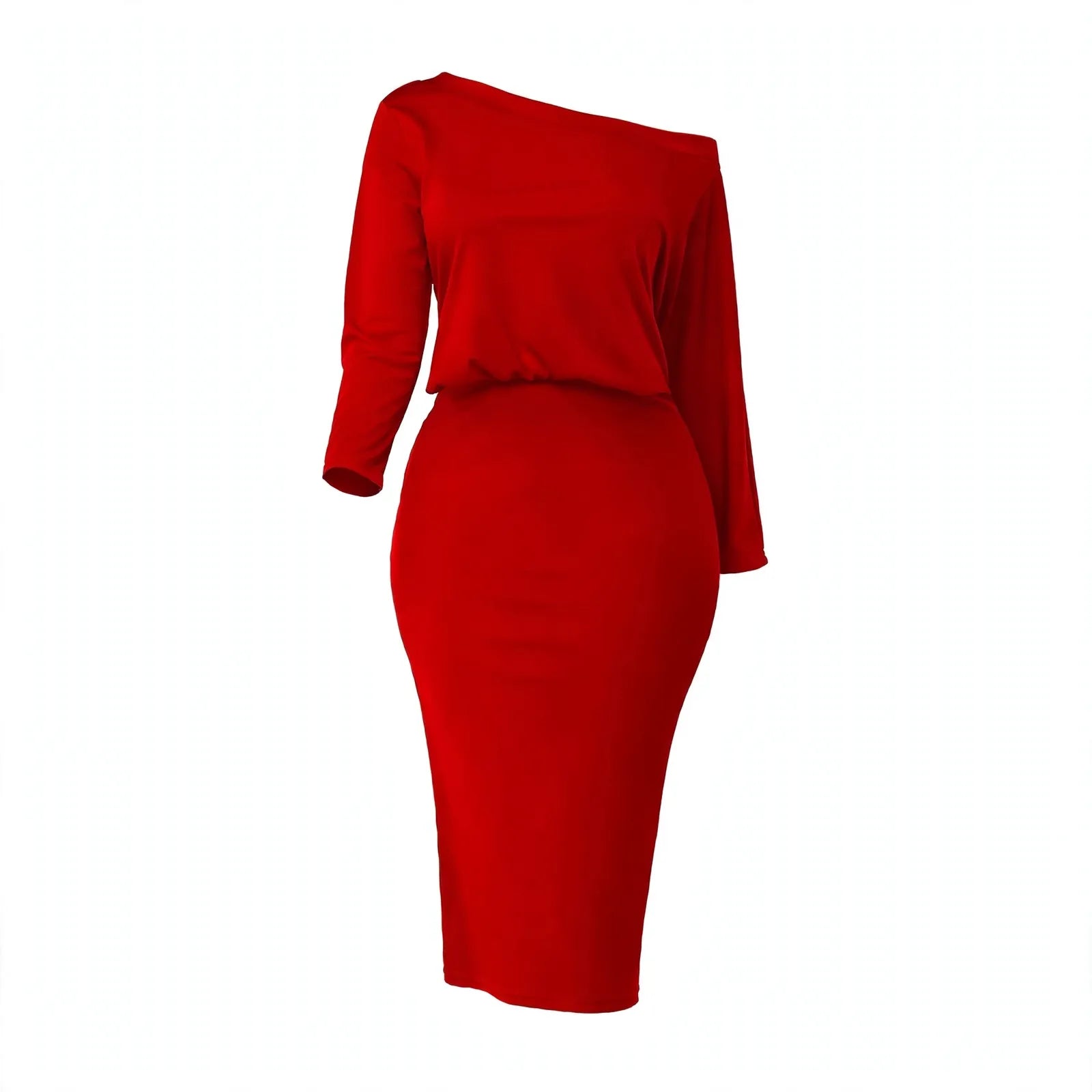 Evelina Bramstone | Red Off Shoulder Ruched Midi Dress For Women