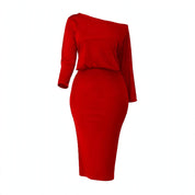 Evelina Bramstone | Red Off Shoulder Ruched Midi Dress For Women