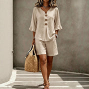 Freya Thornton | Linen Two-Piece Shorts Set with Ruffle Sleeve Detail For Women