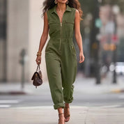 Hannah Clarke | Sleeveless Utility Jumpsuit with Gold Zip For Women