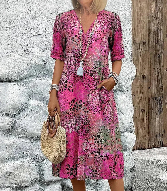 Tea Ostbridge | Mosaic Print V-Neck Pocket Midi Dress For Women