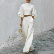 Sylvia Harcourt | White Textured Crop Top & Wide-Leg Pants Set For Women