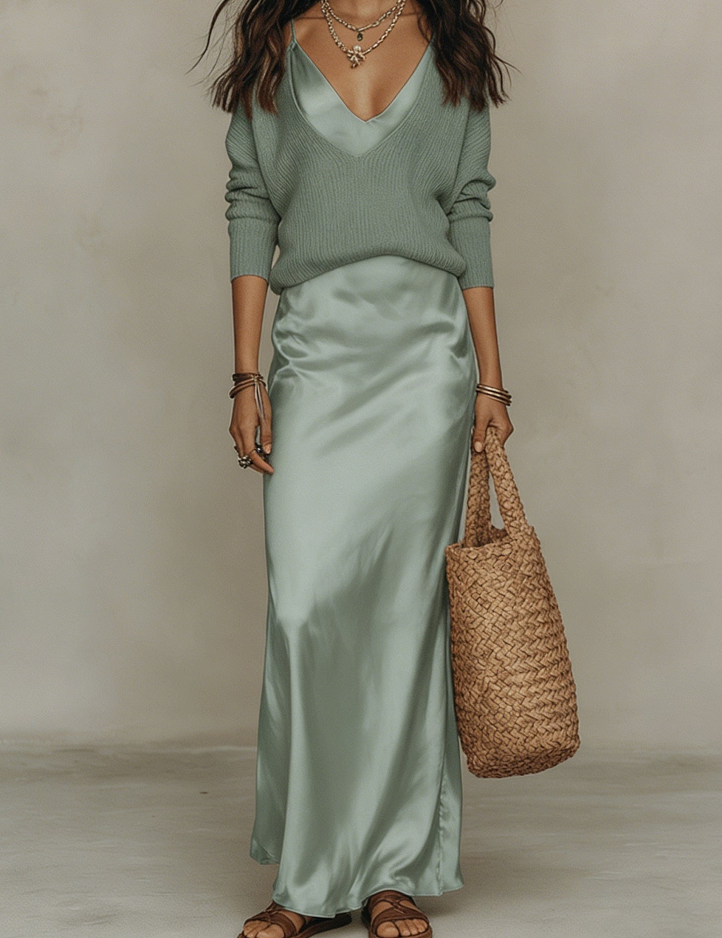 Harper Collins | Satin Maxi Skirt & Knit Sweater Set For Women