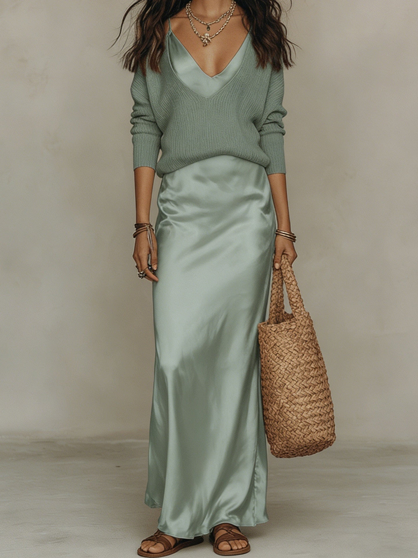 Harper Collins | Satin Maxi Skirt & Knit Sweater Set For Women