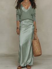 Harper Collins | Satin Maxi Skirt & Knit Sweater Set For Women