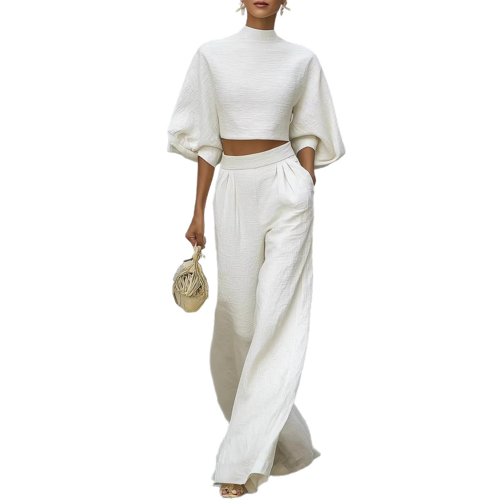 Sylvia Harcourt | White Textured Crop Top & Wide-Leg Pants Set For Women