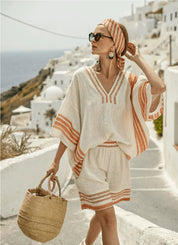 Isla Rafferty | Linen Striped V-Neck Top & Shorts Set For Women