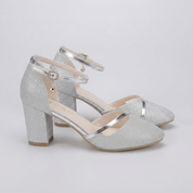 Ava Calloway | Silver Glitter Block Heel Sandals For Women