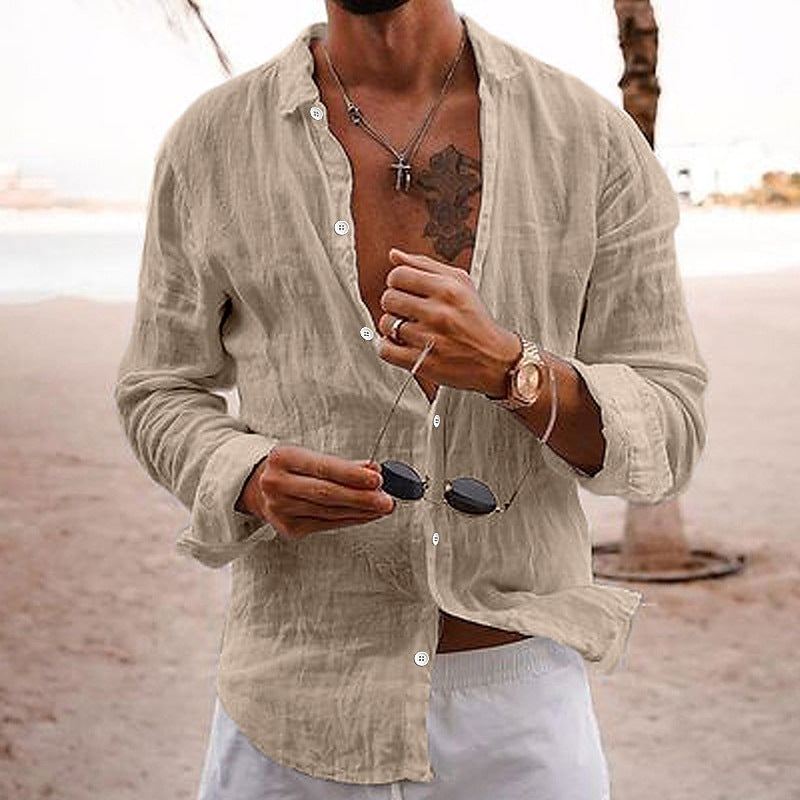 Nicola Saxcroft | Crinkle Linen-Look Long Sleeve Beach Shirt For Men