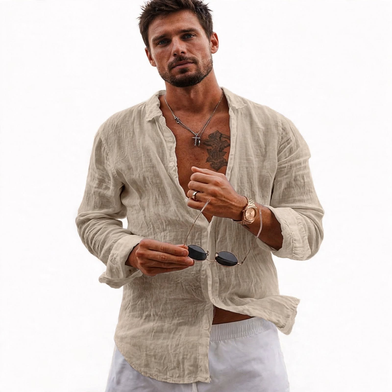 Nicola Saxcroft | Crinkle Linen-Look Long Sleeve Beach Shirt For Men