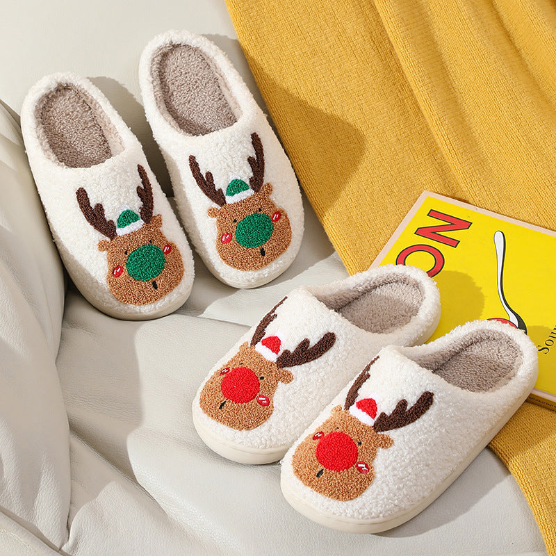 Reindeer Cheer | Cream Reindeer Print Christmas Slippers For Women