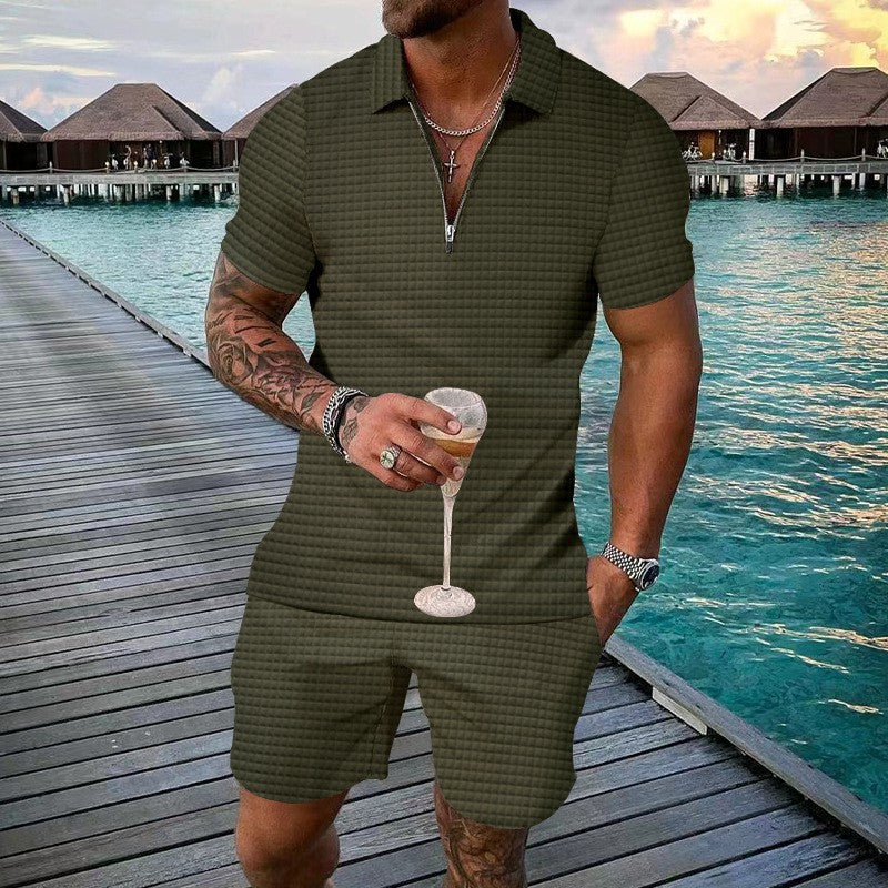 Elliot Bramwell | Textured Zip Polo & Shorts Set For Men
