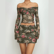 Ella Rushworth | Green Floral Off-Shoulder Skirt Set For Women