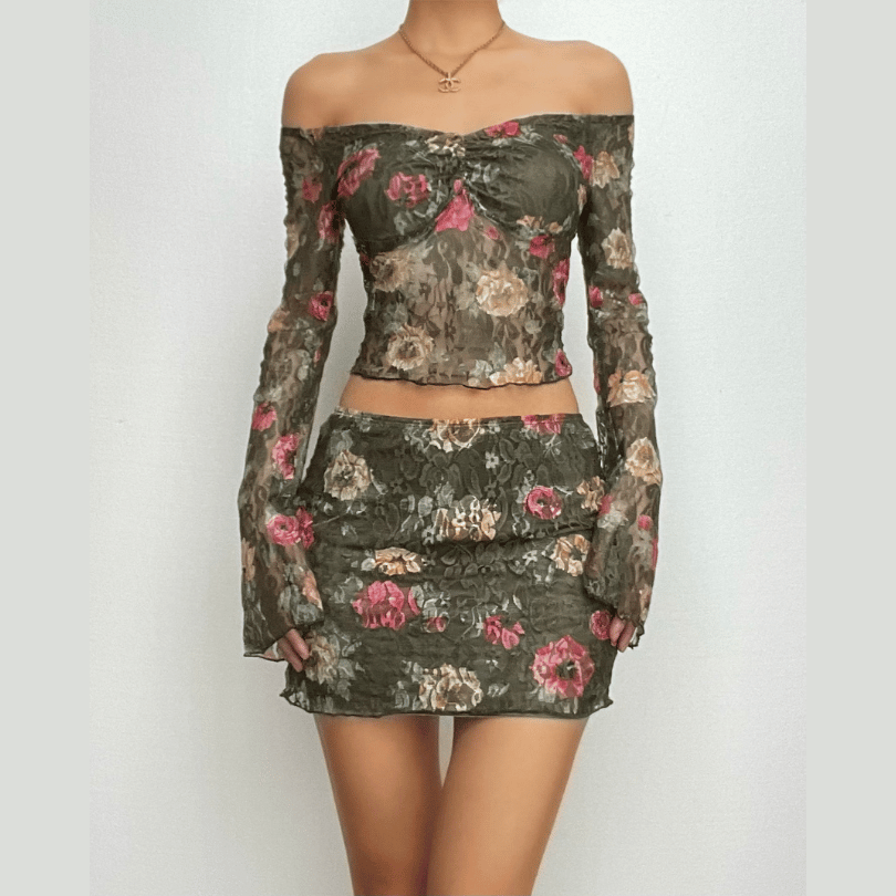 Ella Rushworth | Green Floral Off-Shoulder Skirt Set For Women