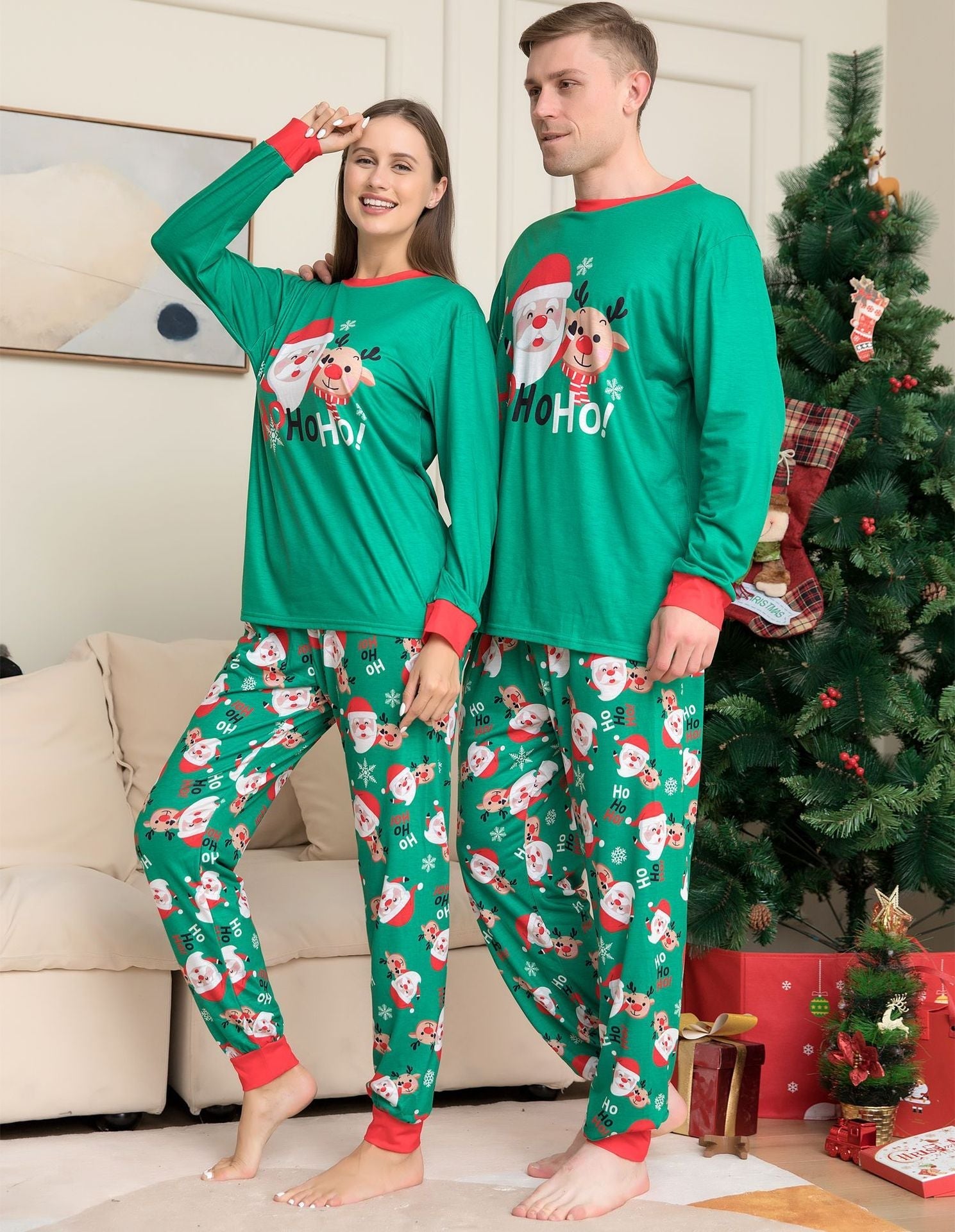 Evergreen | Green Santa Print Christmas Pyjamas Unisex & Family