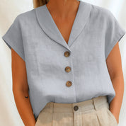 Ines Corholt | Linen-Look Shawl Collar Button Front Top For Women