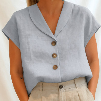 Ines Corholt | Linen-Look Shawl Collar Button Front Top For Women