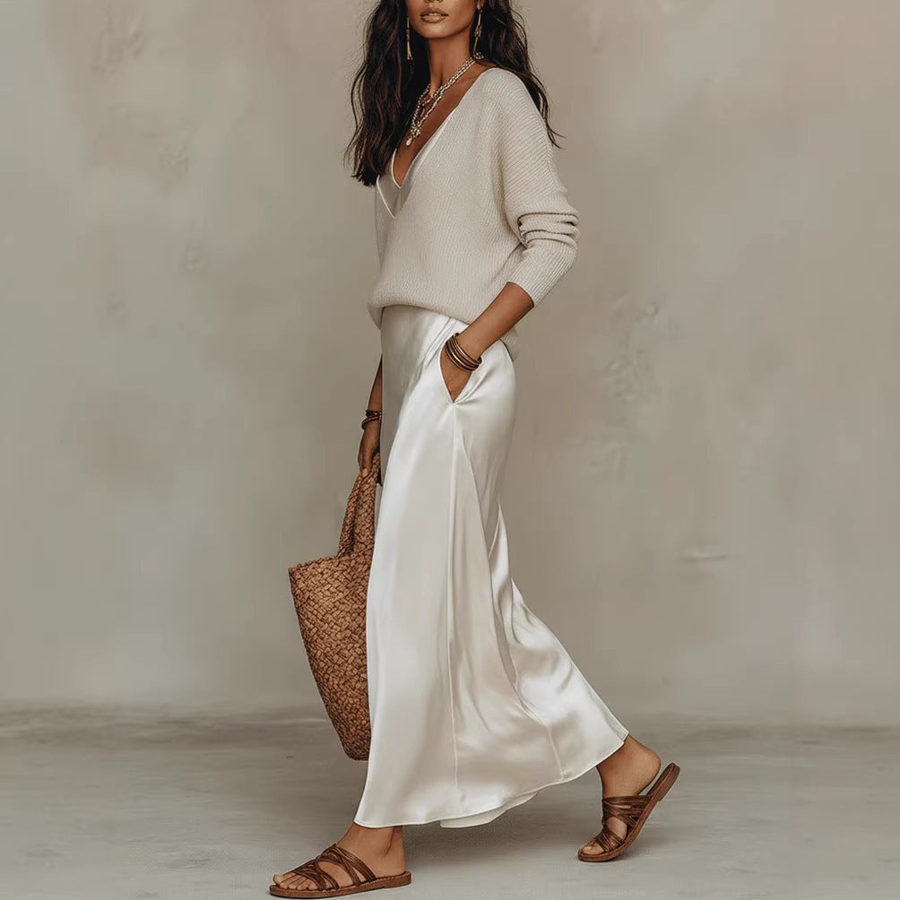 Harper Collins | Satin Maxi Skirt & Knit Sweater Set For Women