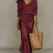 Harper Collins | Satin Maxi Skirt & Knit Sweater Set For Women