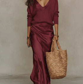 Harper Collins | Satin Maxi Skirt & Knit Sweater Set For Women